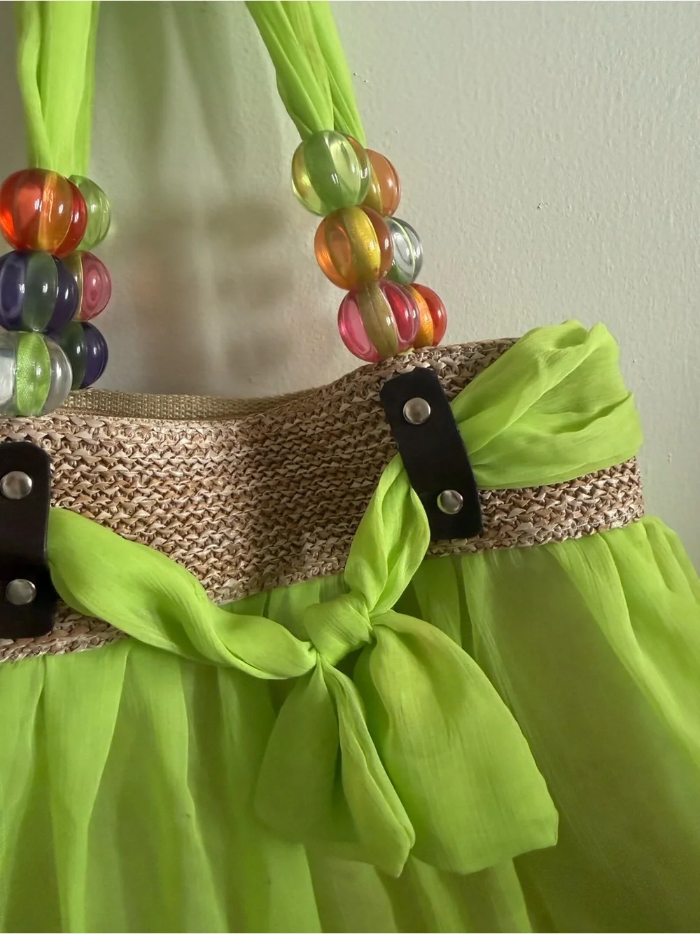 Women’s Lime Green Beaded Handle Tote Bag